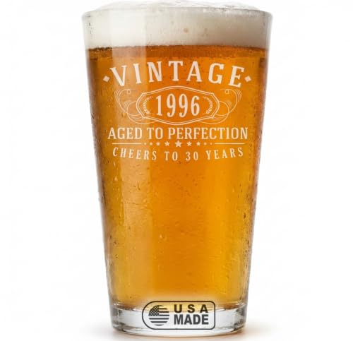 Vintage 1996 Etched 16oz Pint Glass – Happy 30th Birthday Gifts for Men Women, Cheers to Turning 30 Year Old Man Decoration Decor, Anniversary Bday Party Supplies Favors Gift Idea Him 1.0