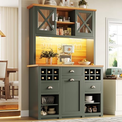Merax 188cm Küchenschrank mit LED & Glastür, Buffetschrank Sideboard für Küche mit Arbeitsplatten, Schubladen, Weinschrank, Verstellbare Regalböden, Hochschrank Küchenbuffet Vorratsschrank, Grün