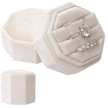 DIELOVEHUA Samt Ringbox Hochzeit, Ringbox aus Samt, 3 Slot Ringkästchen, Achteckige Schmucketui, Elegante Ring Box für Vorschlag, Hochzeit und Tägliche Lagerung (Beige)