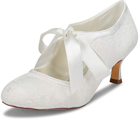 JIAJIA 140311 Bridal Lace Satin Low Heel Closed Toe Prom Party Dance Wedding Shoes