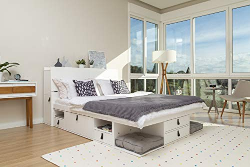 Memomad Lit avec Rangement Bali 140x190 cm Blanc – Lit Double en Bois Massif avec Sommier Intégré et Grand Espace de Rangement, Idéal pour Petite Chambre – Robuste, Pratique et Élégant