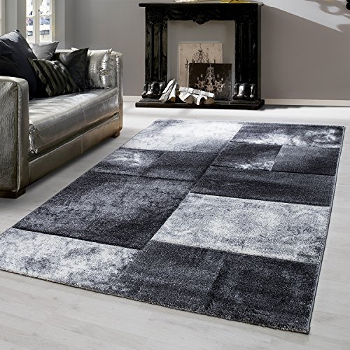 Teppium Moderner Kurzflor Teppich Läufer Flur 80 x 150 cm Grau - Konturenschnitt Teppich Waschbar, Kariert Design, Pflegeleicht und Weich - Ideal als Bettvorleger im Schlafzimmer und Küchenläufer