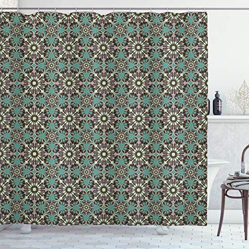 ABAKUHAUS Retro Duschvorhang, Vintage Blumen Leafage, Stoffliches Gewebe Badezimmerdekorationsset mit Haken, 175 x 180 cm, Teal Grün