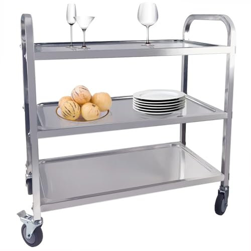 TAIMIKO 3-Tier Stainless Steel Kitchen Trolley Cart - 850x450x900mm, Large Serving Trolley with Locking Wheels for Kitchens, Hotels, Restaurants