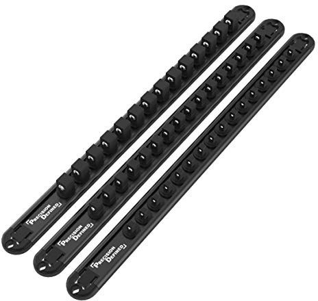 Precision Defined Aluminum Tool Socket Holder, 3-Piece Set (Black) | 1/4-In Clips, 3/8-In x 16, 1/2-In x 14, Heavy Duty Socket Rails