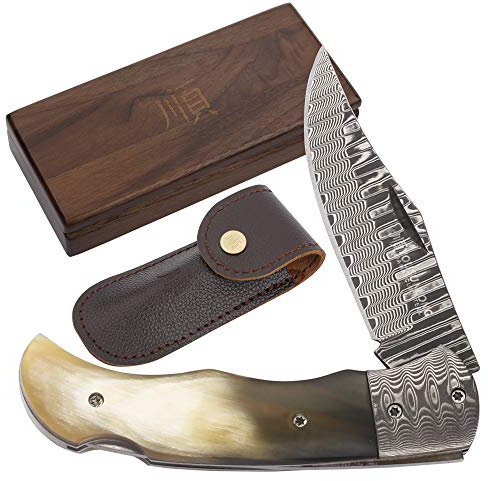 YOUSUNLONG Coltello da Tasca Pieghevole Modello Damasco - Lama in Acciaio Damasco - Manico in Corno di Toro