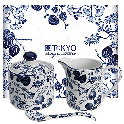 TOKYO design studio Flora Japonica Milchkännchen & Zuckerdose Set, 3-TLG., inkl. Praktischem Löffelchen, asiatisches Porzellan, Japanisches Design, inkl. Geschenk-Verpackung