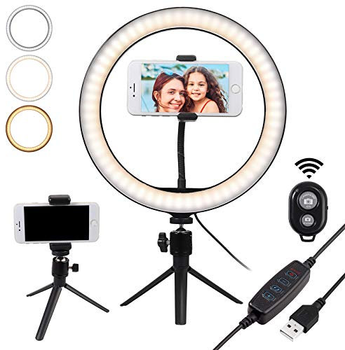 PROZOR 10 Selfie Ring Light con Treppiede Regolabile Due Controller Bluetooth con 10 Regolazioni di Luminosità 120 LED Anello Luminoso per Selfie con Clip di Regolazione su Cellulare per Live Stream