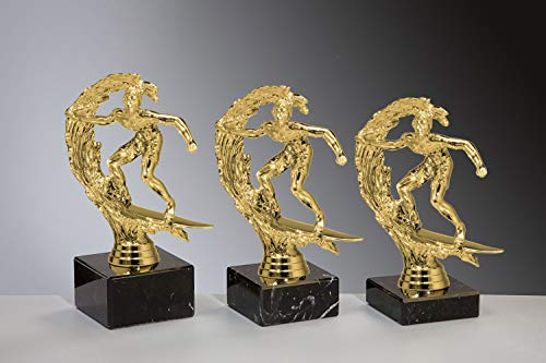 Henecka 🏄 Surf Pokal Wellenreiten Trophäe Schraubfigur Surfer Board Welle Gold, Marmorsockel schwarz, mit Wunschgravur, wählbar in 3 Größen oder als 3er-Serie (Sockel 70 x 40 mm)