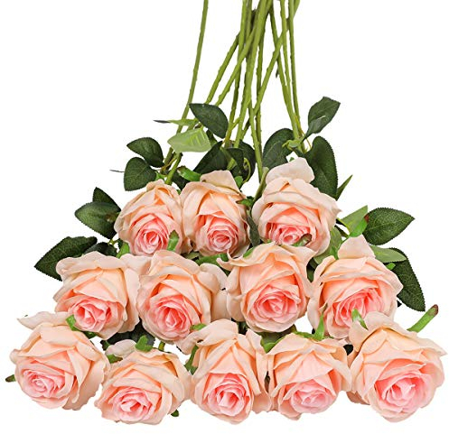 Tifuly 12 PCS Künstliche Rosen, 19,68 '' Single Long Stem Fake Rose Seide Braut Hochzeitsstrauß Realistische Blume für Hausgarten Party Hotel Büro Dekor (Blossom Roses, Champagner Pink)