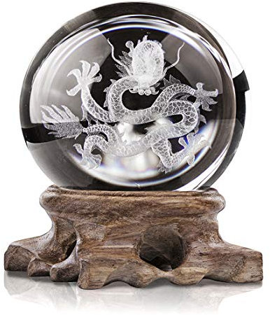 HDCRYSTALGIFTS 3D-Drachen-Kristallkugel, Feng Shui, Kristallglaskugel, Briefbeschwerer mit Holzständer, für Heimdekoration
