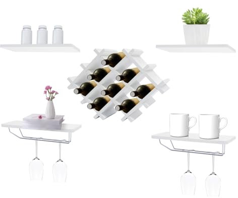 SHZICMY Wand Weinregal mit Glashalter, Wandmontage Weinregal Weinständer Display Organizer für Küche, Esszimmer und Bar (Weiß)