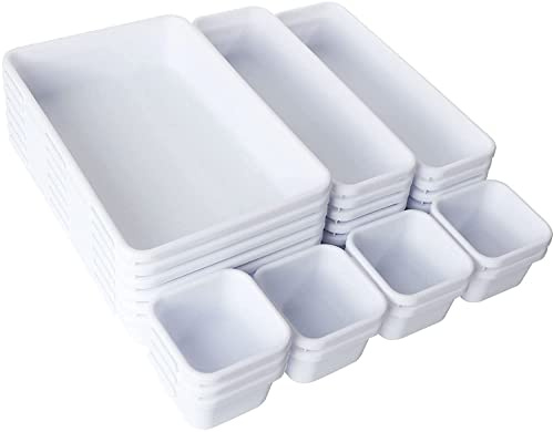 GOYADA Schubladen Ordnungssystem Büro Plastik Schubladen Organizer,24 Stück | Schubladen Organizer Büro, Aufbewahrungsbehälter Schublade mit 3 Größen für Make-up, Küche, Badezimmer usw. – Weiß