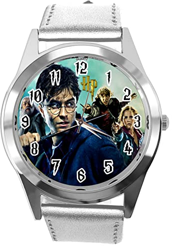 Runde Quarzuhr für Wizards-Fans E3, silberfarbenes Leder