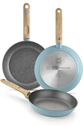 BRA Nordik Set de sartenes 18-22-26 cm de diseño nórdico de aluminio forjado con antiadherente, aptas para todo tipo de cocinas incluida inducción, color turquesa