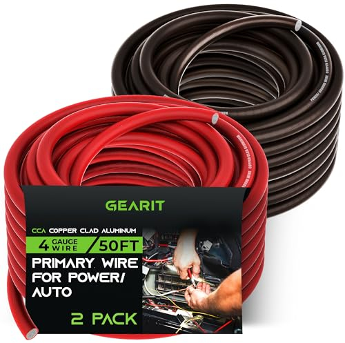 GEARit 4 Gauge Wire (50ft Each - Black/Red Translucent) Copper Clad Aluminum CCA - Primary Automotive Wire Power/Ground, Battery Cable, Car Audio Speaker, RV Trailer, Amp, Electrical 4ga AWG 50 Feet