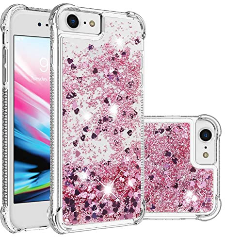 For iPhone SE 2022 Case, iPhone SE 2020 / iPhone 8 / iPhone 7 Case, Girly Bling Glitter Sparkle Quicksand Floating Liquid Clear Transparent Soft Silicone Bumper ShockProof Phone Cover, Rose Gold