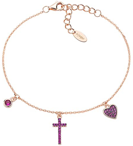 Amen Armband Rosé Kreuz und Herz Zirkonia, Taglia unica, Sterling-Silber Zirkonium