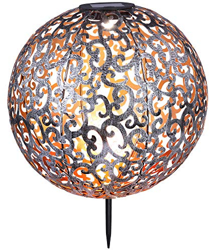 etc-shop Solarkugel für Außen Garten Deko Solarlampe orientalische Kugel Kugelsolarleuchten für Außen, Metall silber antik, LED 0,06W warmweiß, DxH 28,5x40 cm