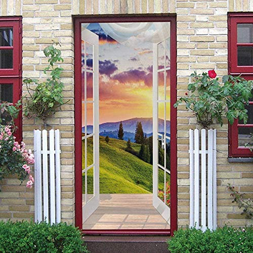 Adesivi Per Porte 3D 90X200Cm Autoadesiva Carta Da Parati In Pvc Paesaggio Della Natura Del Prato Del Cielo Fotomurali Art Parete Decalcomanie Casa Decorazione Poster Soggiorno Camera Da Letto