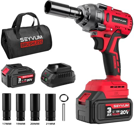SEYVUM Impact Wrench,1/2 Impact Gun, Power Impact Driver Max Torque 320 Ft-lbs (430N.m), Cordless Impact Wrench with 20V Brushless Motor, 4.0Ah Li-ion Battery with Fast Charger, 4 Pcs Impact Sockets