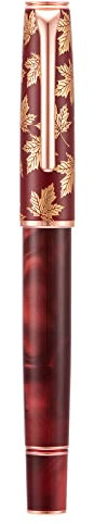 Hongdian N8 Rot Acryl Harz Füllfederhalter, Iridium Mittlere Spitze Rose Gold Trim Maple Leaf Carving Cap, Smooth Writing Pen with Converter and Metal Pen Box Set