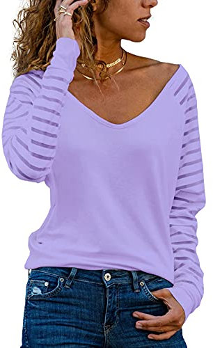 Homlan Blusa de rayas, de manga larga, para mujer, cuello de pico, de malla, suelta, elegante, informal, morado, XL