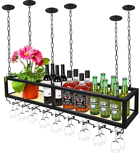 YTLEMON Deckenregal Weinregal, Höhenverstellbar Hängende Metall Weinregal, Industrieller Deckenregal Hängeregal mit Gläserhalter und Regal, Weinglashalter, für küche, Weinkeller, Bar (80cm)