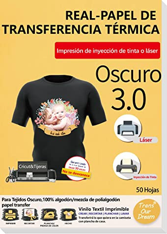 TransOurDream-Marca de confianza.Papel de Transferencia para tejido oscuro,Mejora 3.0,A4 50 Hojas Papel Transfer Para Impresora de Inyección de Tinta o Láser,Perfecto para Fiesta. ES-3-3.0-50