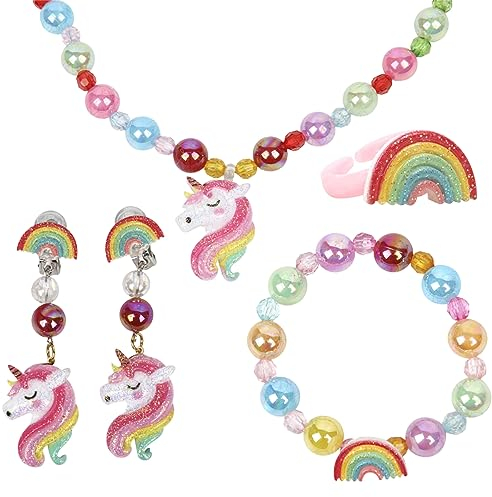 JOCXZI Kinder Schmuck Set,Einhorn Tasche Mädchen, Rosa Regenbogen Ohrringe Ring, Mädchen Perlenkette Set Einhorn Halskette Kinder Perlenarmband,Einhorn Geschenk für Mädchen (5 Stück)