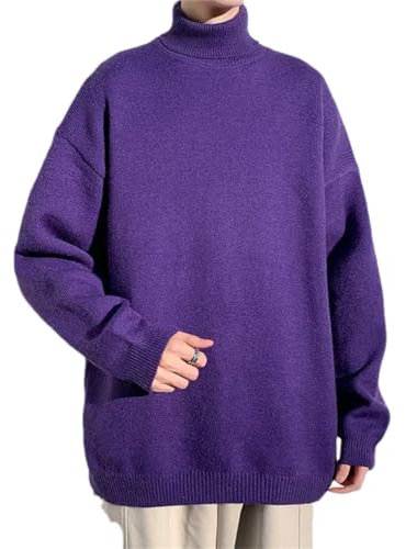 Maglione da uomo a collo alto lavorato a maglia tinta unita pullover casual allentato maglione hip-hop, Viola, 4XL