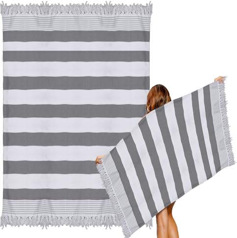 WakiHong Toalla de baño hammam Pareo Grande Sauna Toalla Playa Grande 100x180cm Rayas Grises para Playa Sin Arena,Piscina,Camping,Picnic,Yoga,Gimnasio y Deportes,Viaje,De Baño