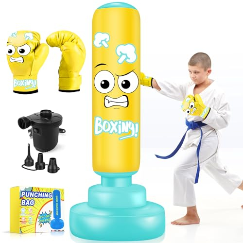 JUOIFIP Boxsack Stehend Kinder, 160cm Sandsäcke Boxen Kinder ab 6 Jahre ab 3 6 10 Jahre Boxsäcke freistehend mit Boxhandschuhen für Geschenke Training Karate Taekwondo MMA