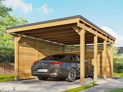 Direct ABRIS Carport Bois CASTELLANE 373X555 Panneaux de Fond et Latéraux Intégrés - Toiture en Bois + Feutre Bitumeux - Abri Voiture - 1 Voiture - Cloison en Bois