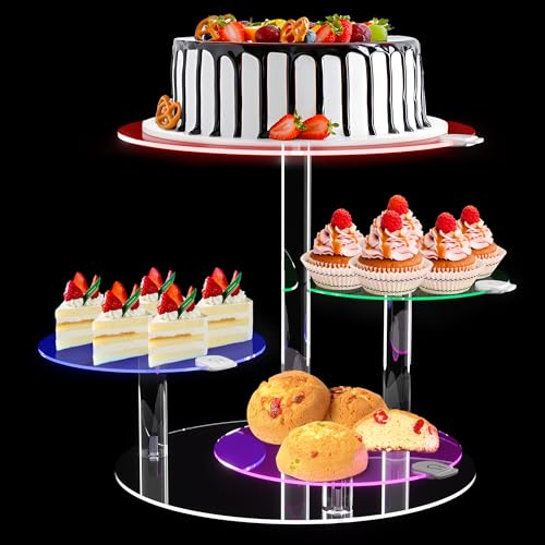 Cake Stand with Rechargable LED Light, Round Light Up Cupcake Stand, Cupcakes and Cakes Comb for 8-12 Inch Cakes, Tiered Cake Tree Tower, Clear Dessert Display Stand for Wedding Birthday Party