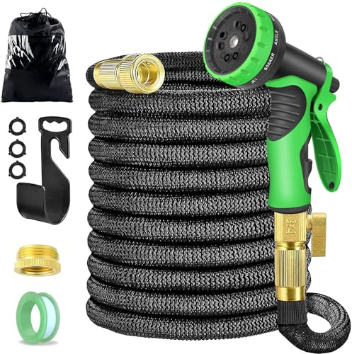 Flexibler Gartenschlauch 30M/100FT, Flexischlauch aus vierlagig Latex mit 9 Funktionen Düse Gartenschlauch, 1/2 und 3/4 Zoll Messing Adapter, Dehnbar Schlauch Wasserschlauch flexibel für Bewässerung