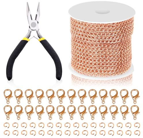 Swpeet 102Pcs Rose Gold 3mm um 10 Yard Länge Schmuck Herstellung Ketten Kit mit Jump Ringen, Hummer Verschlüsse und Schmuck Zange, Halskette Ketten Kabel Link Kette Bulk für DIY Kette Herstellung