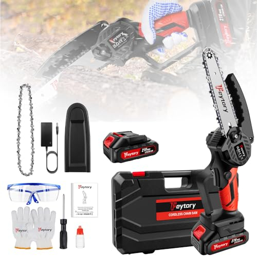 Mini Kettensäge mit Akku 6 Zoll Mini Kettensäge Elektro mit Akku Handkettensäge Akku Bürstenloser Motor Mini Kettensäge mit 2 Ketten, Tragbare Einhand-Elektrokettensäge für Gartenbäume Astschere Holz