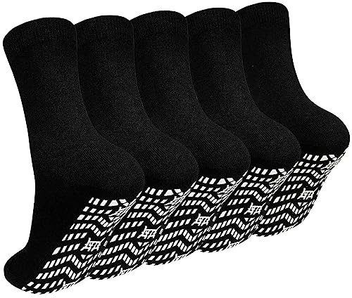 ZAKASA Rutschfeste Socken – rutschfeste Crew-Socken für Männer und Frauen, rutschfeste Socken für ältere Menschen, Krankenhaus-Yoga, Schwarz, 5 Stück, X-Large
