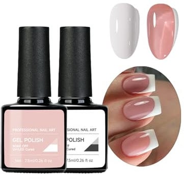 2 PCS Gel Nail Polish Set, Nude Pink & White Glossy UV Gel Nail Polishes, French Tip Manicure Nail Polish set, Long Lasting Chip Resistant Natural Classic Nail Varnishes, DIY Nail Art Gift for Women &
