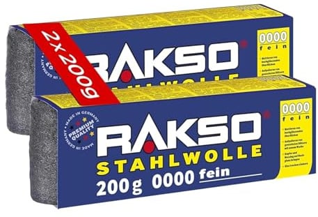 RAKSO Stahlwolle extrafein 0000-400 g, 2 Banderolen à 200g, poliert gewachstes Holz, Kupfer, Messing, mattiert Oberflächen, säubert Glas