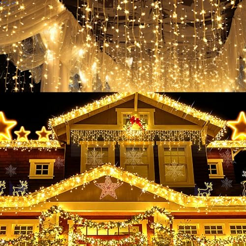 Fiqops Eisregen lichterkette außen 5m Warmweiß 200 leds lichterketten mit Stecker fairy lights aussen innen für Party Garten Weihnachten Hochzeit Beleuchtung Deko