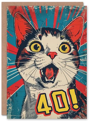 Artery8 Surprise Retro Style Forty 40 Year Old Cat Lover Blank For Him Or Her Art Birthday Card