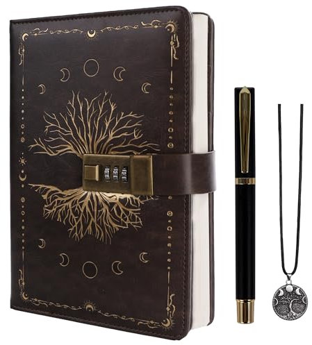 TIEFOSSI Journal avec cadenas, journal vintage arbre de vie avec cadenas pour femmes et hommes, carnet rechargeable A5 avec cadenas pour écrire, 224 pages numérotées