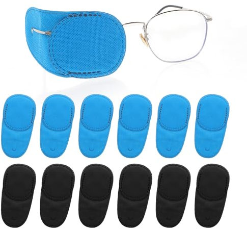 Dimeho 12Pcs Eye Patches for Glasses, Reusable Medical Soft Eye Patch for Adult Kids Left Right Eye for Lazy Eye Amblyopia Strabismus and After Surgery (Black+Blue)