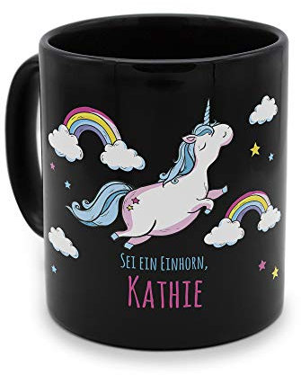 printplanet - Tasse Schwarz mit Namen Kathie - Motiv: Dickes Einhorn - Namenstasse, Kaffeebecher, Mug, Becher, Kaffeetasse