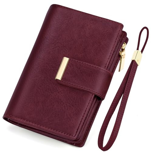 KTUEOV Portefeuille Femme, Cuir Portefeuilles et Porte-Cartes Femme RFID Blocage Zippé Porte Monnaie Grand Format Porte Feuille Femme avec Bracelet pour 10 Cartes de Crédit Cash ID