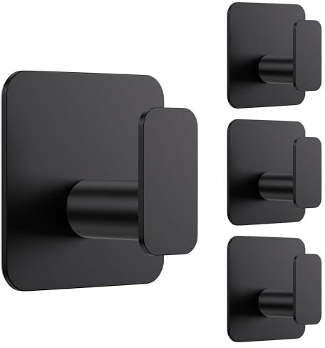 Aikzik 4 Pack Self Adhesive Hooks, Over 10kg Load - Stick on Hooks Heavy Duty Stainless Steel, Strong Sticky for Walls No Drilling, Hanging Robes, Coats, Tea Towel Holder- Black