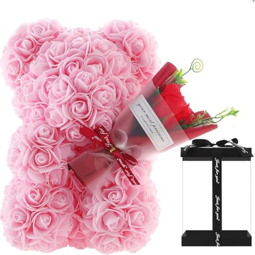 CH HIUBIE Rose Bär Rose Teddybär Blume GeschenkBox für Valentinstag Jahrestag Muttertag Weihnachten, Geburtstage Bridal Showers Vollständig handgefertigt (Rosa+Geschenkbox,1)