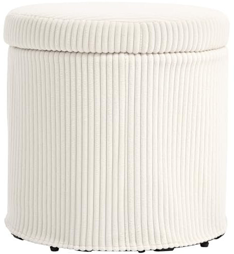 HOMCOM Pouf Rangement 32 L Pouf Salon Tabouret de Coiffeuse en Velours côtelé avec Couvercle et Pieds en Acier, Repose Pied Rond jusqu'à 120 kg, pour Couloir, Chambre, Salon, Beige